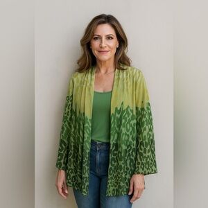 Susan Graver Green Ombre Animal Print Chiffon Kimono Cardigan Sheer Draped Large